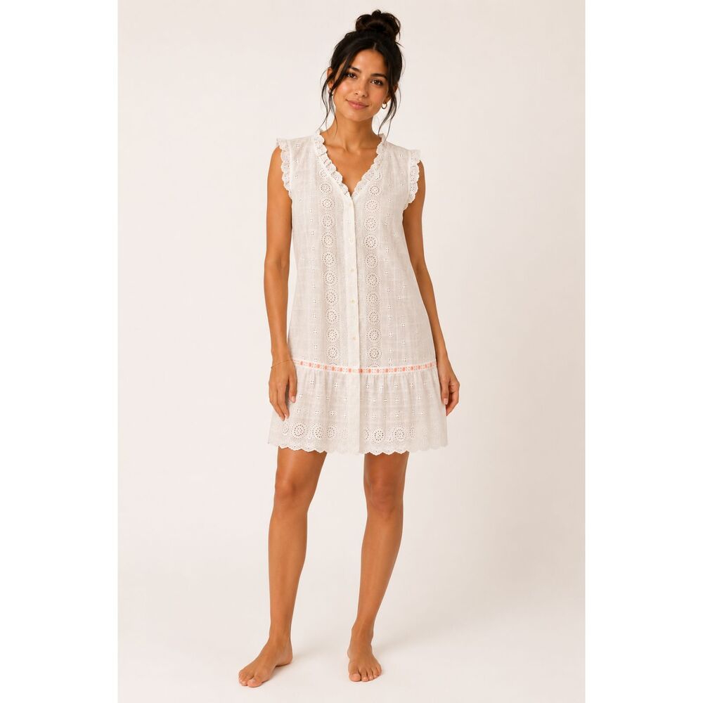 Vintage German Eyelet Lace Sleeveless Midi Nightdress White Cotton Blend S/M
